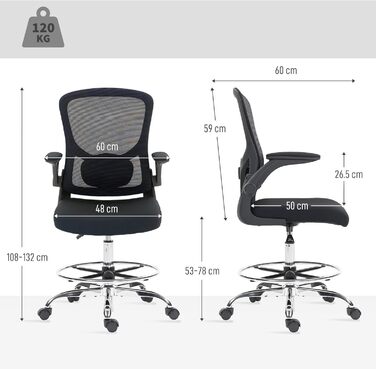 Офісний стілець HOMCOM Ергономічне робоче крісло з відкидними підлокітниками, регульованим кільцем для ніг та 4D поперековою опорою, регульоване за висотою поворотне крісло для малювання з сітчастою тканиною, чорний колір