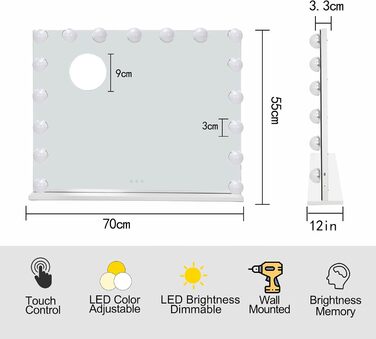 Голлівудське дзеркало для макіяжу LIANWANG з підсвічуванням, 17-світлодіодне дзеркало для макіяжу з регулюванням яскравості світла для макіяжного столика, дзеркало для макіяжу з 3 колірними температурами, Type C і USB 70 x 55 см 55L x 70B см Білий