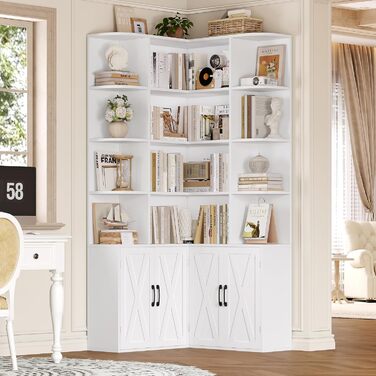 Кутова книжкова шафа FirFurd 187 см з дверцятами, 12 відділень, L-подібна дерев&39яна вітрина, висока шафа, полиця з дверцятами для вітальні, кабінету, офісу, кухні, 187 x 80 x 80 см, білий