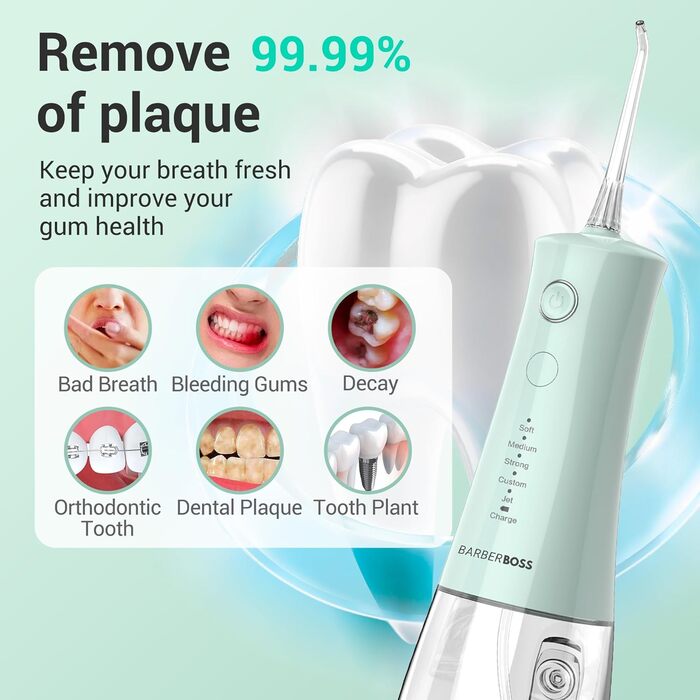 Бездротовий іригатор для порожнини рота, електричний зубний флоссер з 5 режимами тиску, водонепроникний IPX8, портативний пристрій для догляду за яснами, набір для очищення зубів, QR-7101 (Пастельно-зелений)