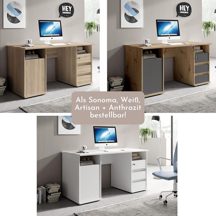 Письмовий стіл PRIMUS з 2 шухлядами, білий - Офісний стіл, комп&39ютерний стіл для домашнього офісу з місцем для зберігання та відкритими полицями - 145 x 74 x 65 см (Ш/В/Г) 145 см білий