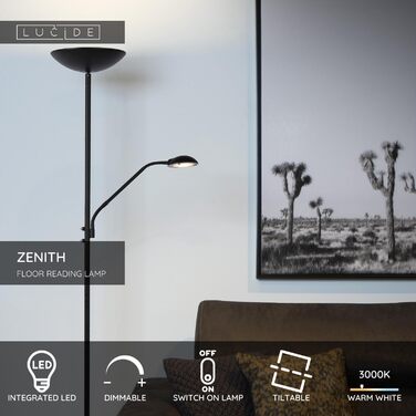 Підлоговий світильник LUCIDE ZENITH з лампою для читання, LED з димером, 3000K, чорний