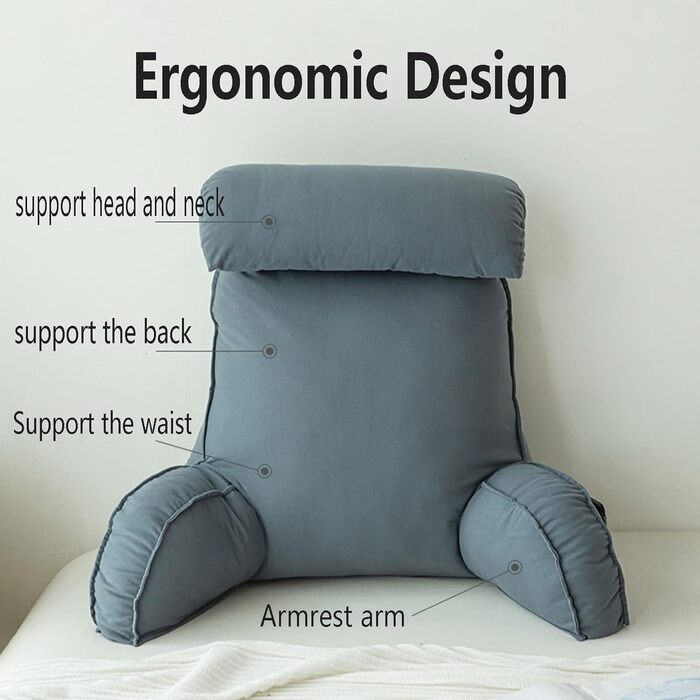 Подушка для читання з підлокітниками, подушка для спинки дивана, подушка для книги для ліжка, зі знімним валиком для шиї, подушка для підтримки сидіння для відпочинку, гри, читання, перегляду телевізора, синьо-сірий колір