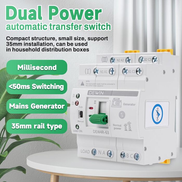 Автоматичний перемикач, 4P 63A 400V ATS перемикач, аварійний автоматичний перемикач живлення, подвійний автоматичний перемикач живлення на DIN-рейку