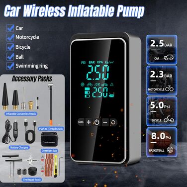Електричний повітряний насос, портативний електронний повітряний насос з комплектом для ремонту шин, електричний компресорний вело