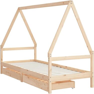 Дитяче ліжко з шухлядами 80x200 см виготовлене з масиву сосни, з рейковою основою та дизайном у формі будиночка для зберігання та приватності, міцне односпальне ліжко з місцем для зберігання 205,5 x 85,5 x 143 см натурального кольору