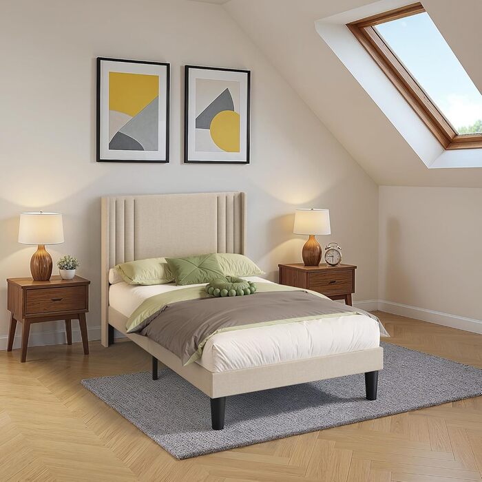 М&39яке ліжко 120x200 см, каркас ліжка з узголів&39ям та рейковою основою, м&39який каркас ліжка, міцне тканинне ліжко для дорослих та підлітків, бежевий 120x200 см