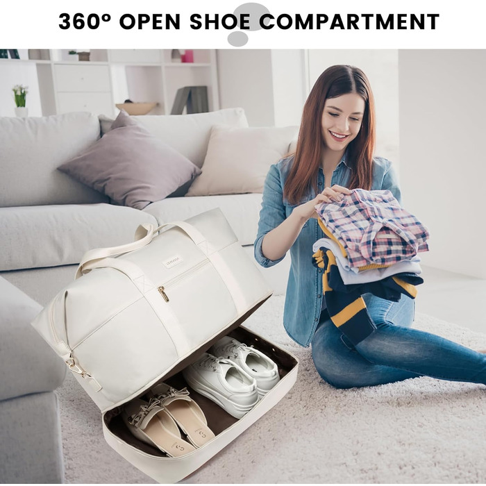 Дорожня сумка LOVEVOOK Weekender для жінок, спортивна сумка, ручна поклажа, велика лікарняна сумка, сумка для пологів, дорожня сумка, спортивна сумка з косметички та відділенням для взуття для авіаперельотів, бежева, 50x38x25 см