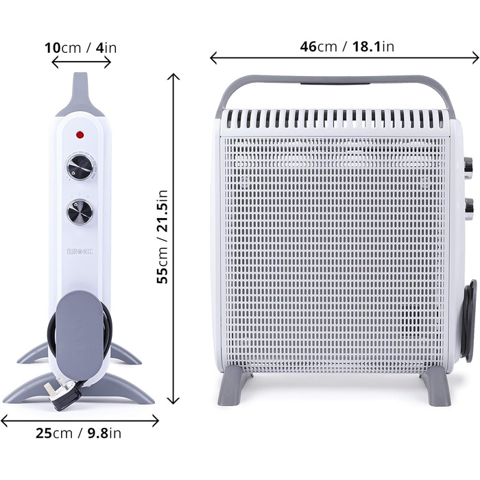 Конвекторний обігрівач Duronic HV180 WE, електричний обігрівач потужністю 2000 Вт, радіаційний обігрівач з електричним радіатором, електричний обігрівач для приміщень, портативний обігрівач для невеликих приміщень