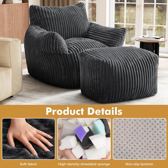 Диван-гойдалка JULY&39S SONG зі спинкою та підставкою для ніг, крісло-мішок XXL з пуфом для дорослих, диван-лінивець, подушка для сидіння в приміщенні для спальні, вітальні, зимового садка, темно-сірий