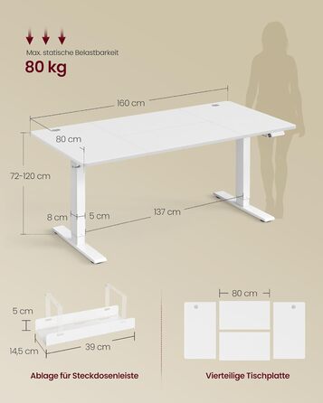 Стіл VASAGLE з регульованою висотою, 160 x 80 см, порт USB-C, подовжувач для зберігання, стіл для роботи стоячи, нагадування про тривале сидіння, 3 кнопки пам&39яті, для офісу, матово-білий LSD146WZ02 160 x 80 см матово-білий