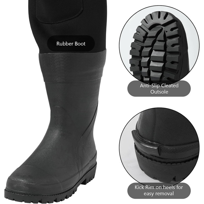 Чоловічі неопренові вейдерси BASSDASH чорного кольору з очеретяним камуфляжем для риболовлі, полювання з гумовими чоботями, водонепроникними нагрудниками, чорними черевиками, розмір 8