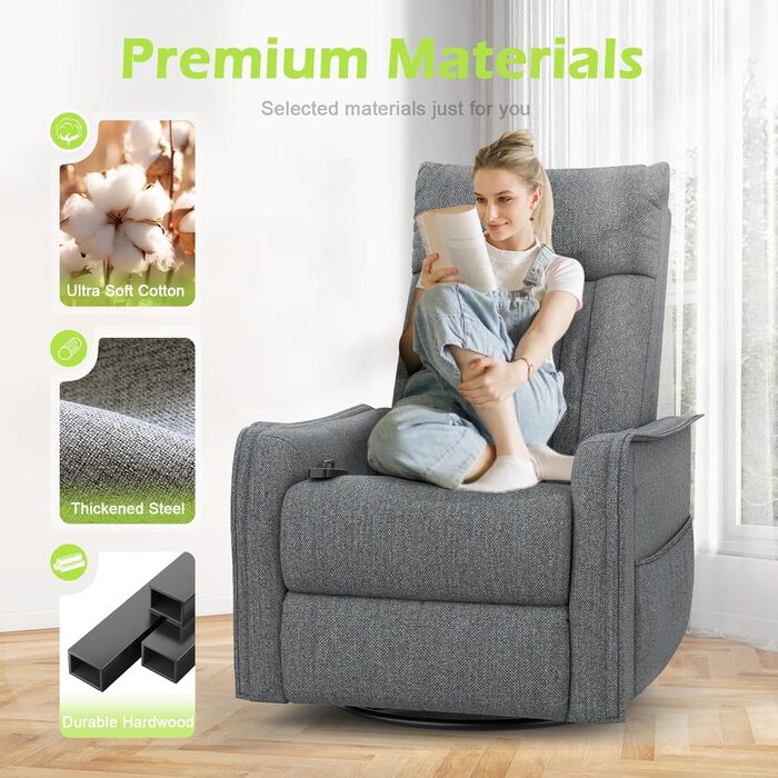 Крісло для телевізора/масажне крісло з функцією відкидання, крісло для релаксації з підігрівом та масажем, крісло для телевізора з поворотом на 360 для вітальні, крісло-гойдалка з м&39яким підголівником, 2 бічні кишені, сірий