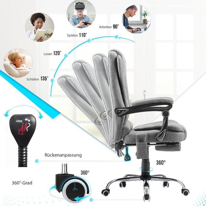 Офісний стілець YODOLLA, вантажопідйомність 200 кг, ергономічне крісло керівника, письмове крісло з функцією відкидання, комп&39ютерне крісло з регульованою висотою та шкіряною підставкою для ніг, сірий