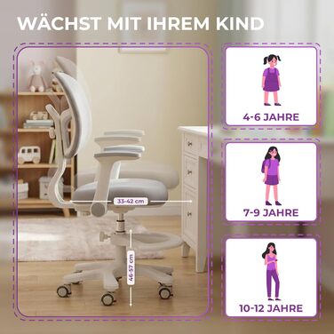 Дитяче письмове крісло Spacetronik - Ергономічне дитяче письмове крісло з 6 колесами, регульованими підлокітниками, підставкою для ніг, регульованим по висоті сидінням - 4-15 років, регульована підставка для ніг, 6 колесів, сірий