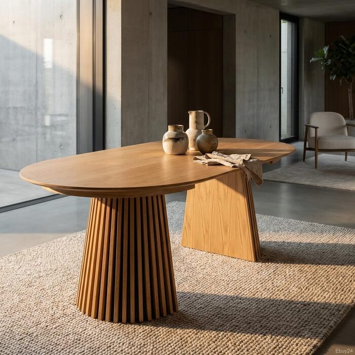 Обідній стіл ebuy24 Tokyo з 2 розсувними листами Ø120x120 до 160-200 см, дубовий шпон. Розсувний круглий обідній стіл, розсувний круглий стіл, розсувний овальний обідній стіл, натуральний дуб 120 см