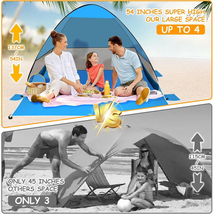 Розкладний пляжний намет на 3-4 особи, пляжний намет із захистом від ультрафіолету UPF 50, автоматичний портативний пляжний намет, вітрозахисний пляжний сімейний намет для пляжу, кемпінгу, риболовлі (синій)