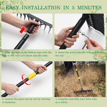 Міцний садовий грабель, 189 см, металевий грабель з 12 зубцями, вигнутий грабель з довгою ручкою для розпушування ґрунту, вирівнювання, догляду за газоном, сільського господарства, землі, чорний