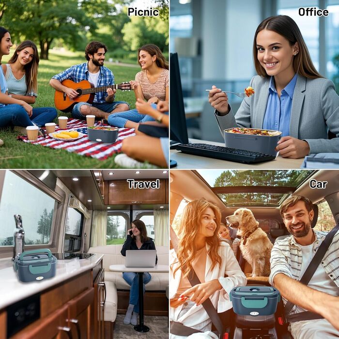 Електричний ланчбокс з підігрівом, портативний контейнер для їжі 1.5 л з нержавіючої сталі, герметичний. 3-в-1 для автомобіля (12V/24V), офісу (220V) та подорожей, з виделкою, ложкою та термосумкою (зелений)