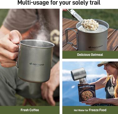 Титановий кемпінговий посуд Odoland, кемпінгова плита 420 мл/750 мл титанова кружка, кемпінгова титанова кавова чашка з кришкою та спіраллю, складна ручка для кемпінгу, походів, подорожей