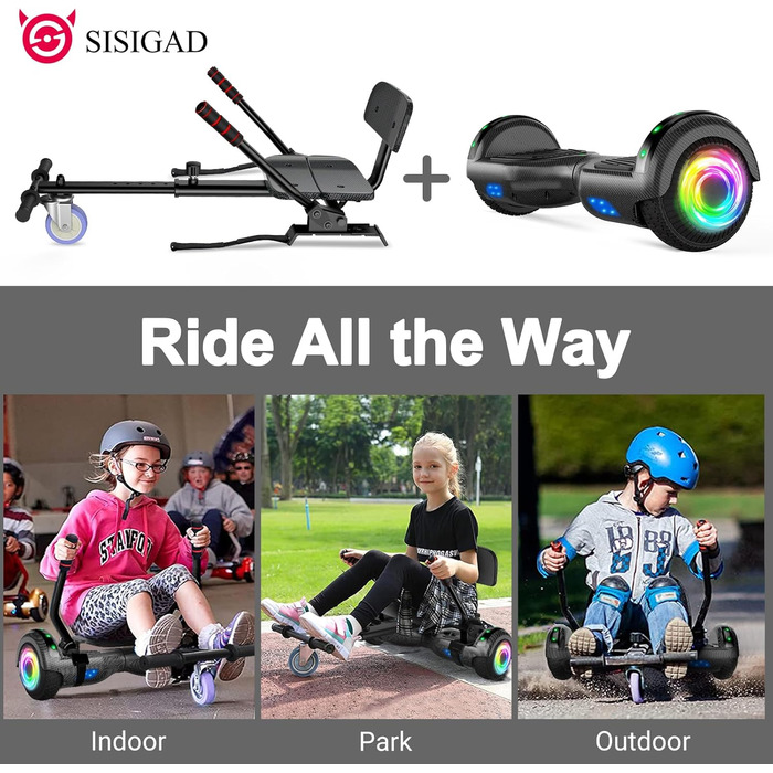Гіроскутер із кріпленням сидіння – самобалансуючий 6,5" з Bluetooth-динаміком та світлодіодними ліхтарями для дітей, дівчаток та хлопчиків (включно з картингом)