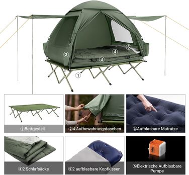 Розкладне ліжко SoBuy з тентом, 2 особи, 7-в-1 розкладний намет з повітряним насосом, мішок на колесах, спальний мішок, тент, водонепроникне кемпінгове ліжко, шезлонг для кемпінгу на відкритому повітрі, сімейний намет, зелений, 193x188x145 см, до 180 кг, 
