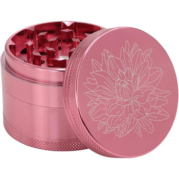 Преміум подрібнювач Cruncher Стійкий до ударів алюмінієвий подрібнювач Дробарка для спецій Подрібнювач спецій з квітами на кришці Магнітна Ø55 мм Металева кавомолка 4 шт. и рожева