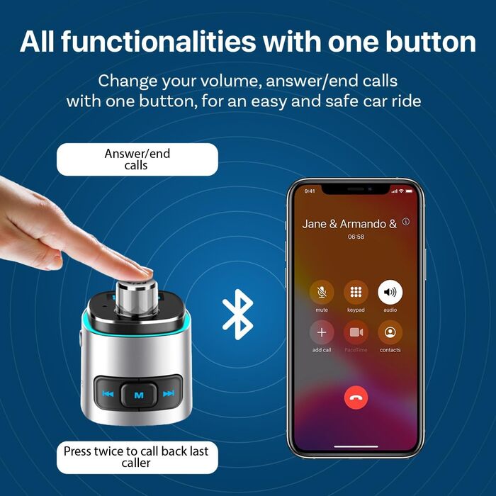 Передавач Автомобіль - Прикурювач Bluetooth Передавач Bluetooth Автомобільний комплект Bluetooth із зарядним пристроєм QC 3.0 USB-A - для гучного зв'язку та музики