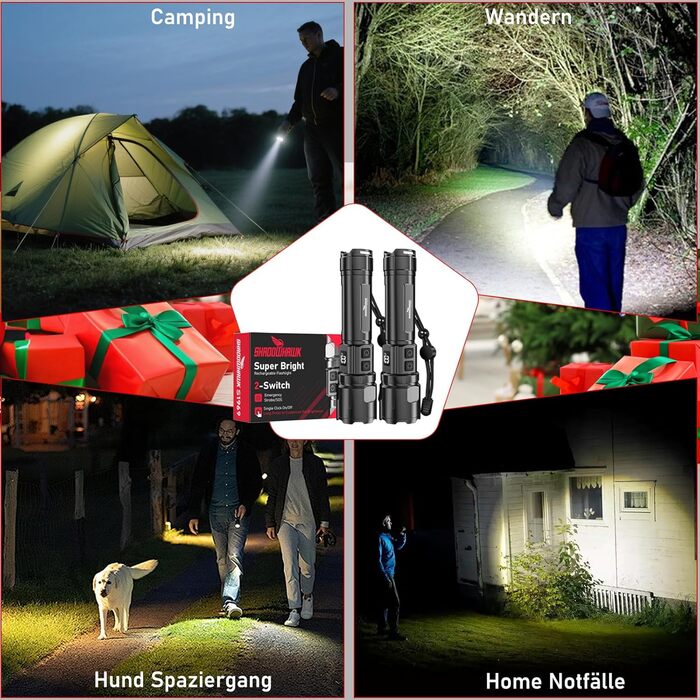 Акумуляторний світлодіодний ліхтарик Shadowhawk (2 шт.) Тактичний ліхтарик (2 перемикачі) 500 000 люменів надзвичайно яскравий, дальність до 1000 м, 12 годин роботи для кемпінгу/природи/походів, регульована яскравість, чорний