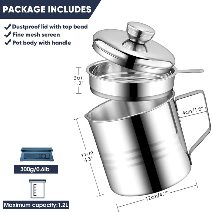 Контейнер для жиру Chihee Економія жиру для бекону з нержавіючої сталі з дрібним сітчастим ситечком 1,2 л Контейнер для олії з пилонепроникною кришкою Протиковзкий піддон для кухні для смаження Приготування їжі Зберігання жиру Масляне ситечко