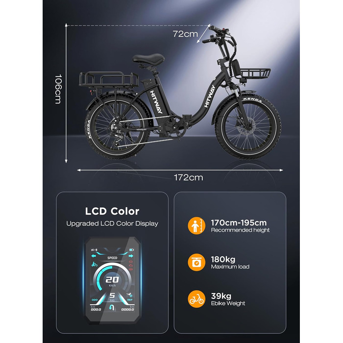 Електровелосипед HITWAY BK6S Plus з акумулятором 48 В 25 Аг та запасом ходу 90-200 км, міський електровелосипед з 20-дюймовими товстими шинами та подвійним кошиком для багажу, двигуном 250 Вт, 25 км/год, 7 швидкостей, чорний