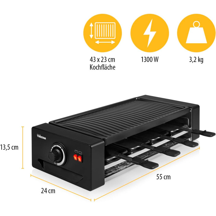 Багатофункціональний прилад для раклету та піци регульований термостат з подвійним нагрівальним елементом 43 х 23 см варильна поверхня на 8 осіб без BPA 1300 Вт, чорний, 2736