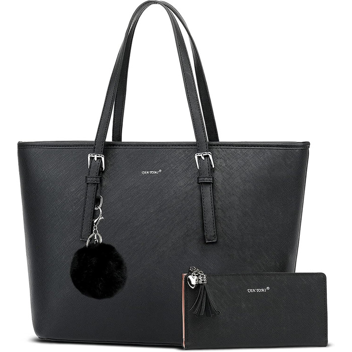 Сумочка жіноча набір чорна сумка з гаманцем для офісу школа шопінг сумочка жіноча велика з китицями жіноча і хутряна куля плюшевий