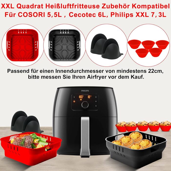 Силіконова форма 22 см для фритюрниці, аксесуари для фритюрниці 4 шт. Силіконова форма для випічки COSORI 5.5 л, Russell Hobbs 4L, Cecotec 6L, силіконова форма, силіконова вставка Аксесуари для фритюрниці Аксесуари для фритюрниці