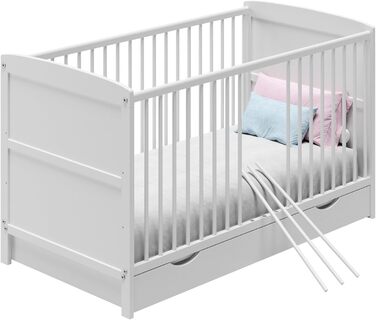 Дитяче ліжечко-трансформер 70x140 з шухлядою та матрацом, ліжечко, дитяче ліжко, регульована висота та знімні поручні інші розміри 60x120 см 70x140 см від народження до 6 років, біле 70x140 см з шухлядою / з матрацом