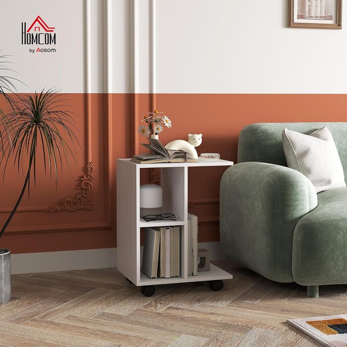 Журнальний столик HOMCOM C-подібної форми на колесах, переносний диванний столик, для невеликих приміщень, 45 x 35 x 58 см, білий
