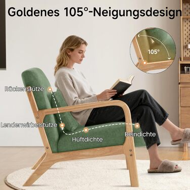 Акцентне крісло з подушкою, сучасне м&39яке крісло для вітальні, крісло для відпочинку з підлокітниками та дерев&39яним каркасом, зручне крісло для читання, зелена тканина, комплект з