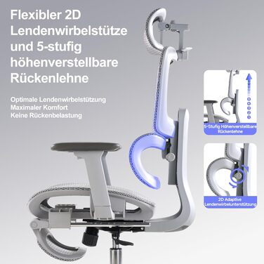 Ергономічне офісне крісло з підставкою для ніг та подушкою для шиї, 5-позиційне регулювання висоти спинки, 2D-підтримка попереку, 3D-підлокітники/підголівник, функція нахилу 145, сітчасте сидіння, гумові колеса, сірий колір.