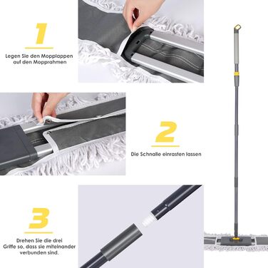 Плоска швабра HEVOL, плоска швабра з регульованою ручкою з нержавіючої сталі 154 см, велика швабра з 2 мікрофібровими насадками та