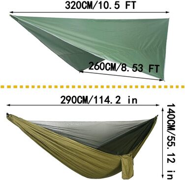 Комплект гамаків для кемпінгу, одинарні та подвійні гамаки, москітна сітка, сітка від комах, дощовик, підвісне ліжко з високоміцної парашутної тканини. Підходить для активного відпочинку, походів, кемпінгу та подорожей (військово-зелений).