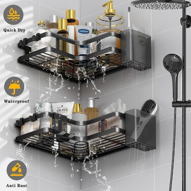 Кутова полиця для душу без свердління, 2 шт., чорна. Органайзер для ванної кімнати з 4 гачками, полиці для душу, аксесуари для душу, тримач для шампуню у ванну кімнату.
