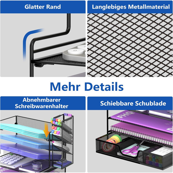 Рівневий настільний органайзер металевий лоток для листів з 4 плоскими та 3 кутовими лотками, тримач для паперу та документів зі знімним тримачем для ручок, компактний офісний органайзер, чорний, 7-