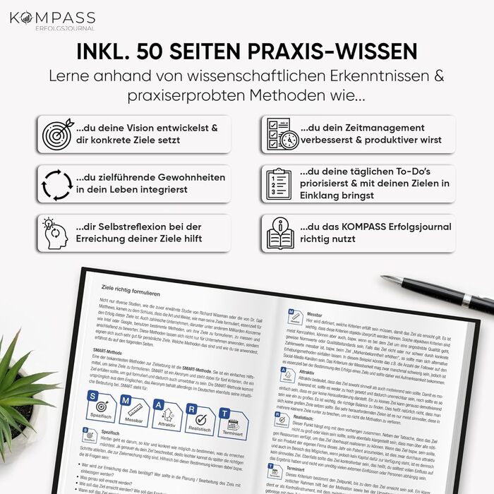 Стартова версія журналу успіху KOMPASS Планувальник цілей, саморефлексії, зосередженості, уважності та вдячності Щоденник, блокнот, органайзер у форматі DIN A5
