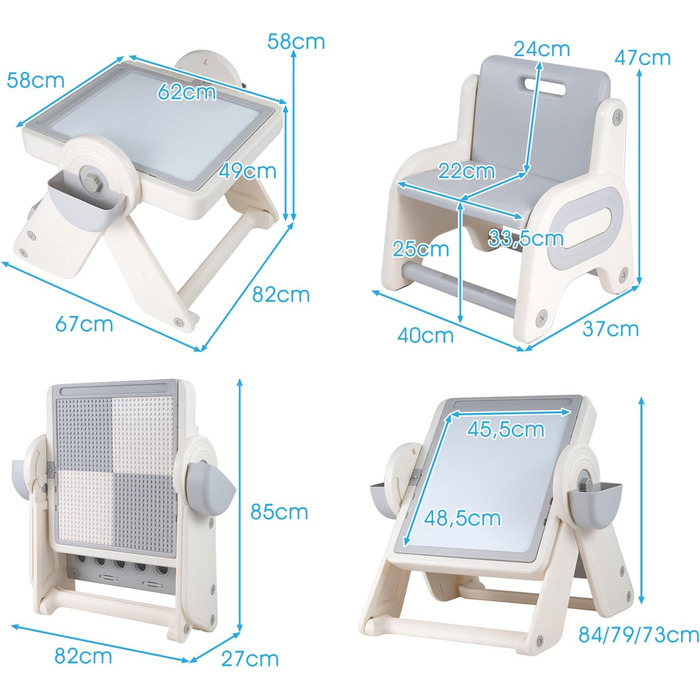 В-1 Багатофункціональний дитячий стіл зі стільцем, складний дитячий комплект сидіння з двосторонньою стільницею, 2 кошики, відділення для олівців та книжкова полиця, робочий столик для дітей від 18 місяців (сірий), 9-