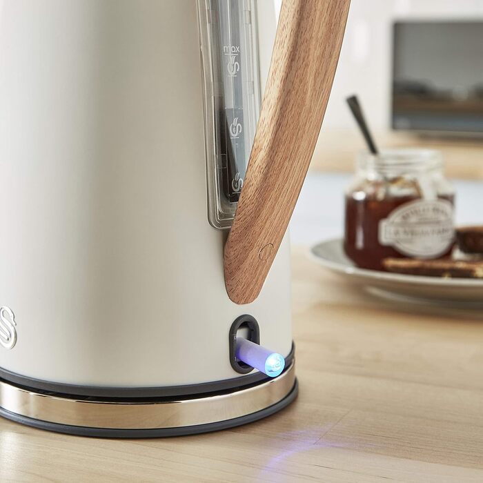 Чайник для сніданку Swan Nordic 1,7 л, 2200 Вт, тостер для хліба з широким отвором, 2 скибочки, мікрохвильова піч 20 л, цифровий, сучасний дизайн, ефект дерева, білий