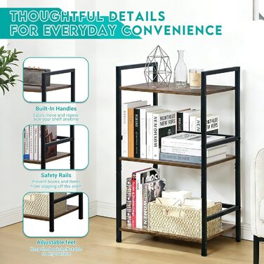 Полиця, Мала книжкова полиця, 3-рівнева стійка для зберігання, Книжкова полиця, Стелаж для вітальні, спальні, офісу, ванної кімнати, кухні, 42 x 28 x 70 см, Рустикальний коричневий 3 полиці