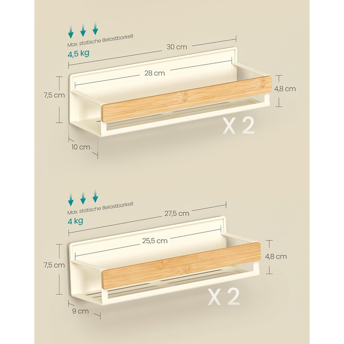 Магнітна полиця для спецій SONGMICS, набір з 4 шт. , 2 великі та 2 малі полиці, органайзер для спецій без свердління, магнітна полиця, для кухні, холодильника, мікрохвильової печі, пральної машини, кремово-білий-натуральний бежевий KCS062WD01 Кремово-біли