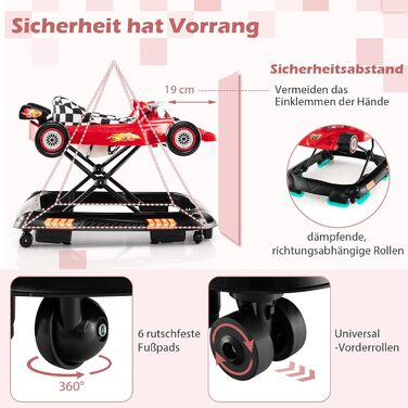 Складані дитячі ходунки, дизайн гоночного автомобіля, з 3 регульованими висотами, знімним музичним підносом та сидінням, допоміжний пристрій для ходьби для малюків 6-14 місяців (червоні)