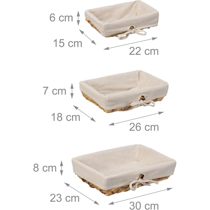 Хлібний кошик Relaxdays, набір з 3 шт. , різних розмірів, тканий, з тканинною вставкою різних розмірів, плетені, з тканинною встав