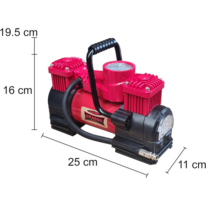 Компресор лебідки DRAGON зі світлодіодом 12 В 10,3 БАР / 150 фунтів на квадратний дюйм з продуктивністю 60 л/хв вбудований манометр, спіральний шланг з наконечником клапана, сумка для транспортування, 3 змінні наконечники 10,3 БАР - 60 л/хв